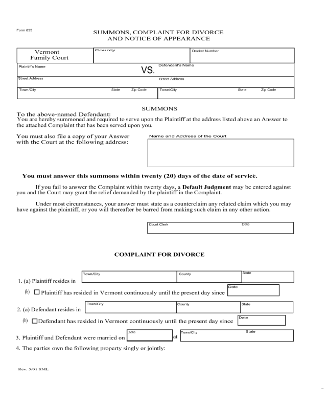 Complaint for Divorce and Notice of Appearance- Vermont