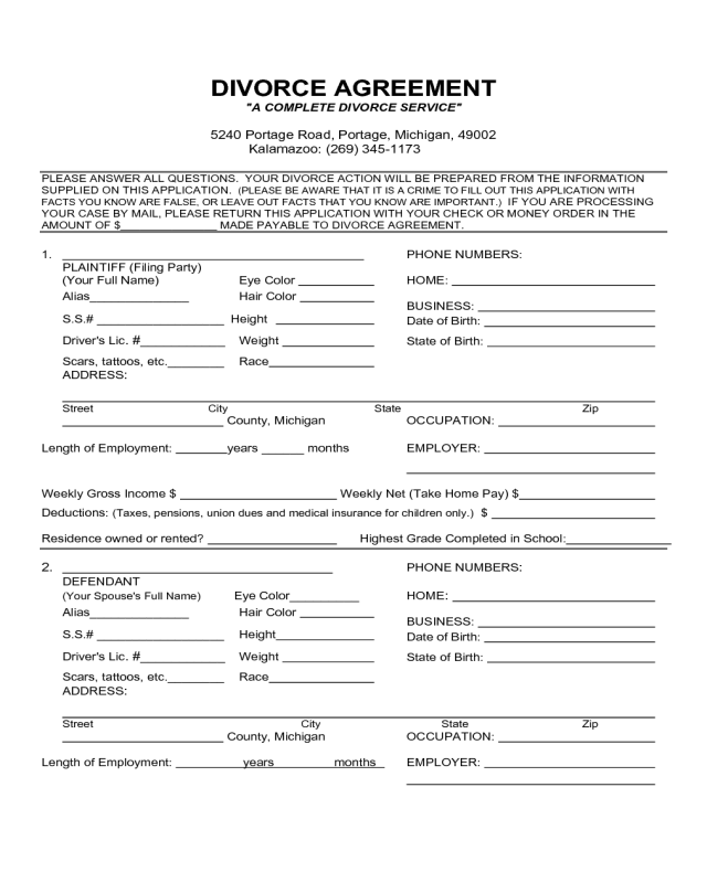Divorce Agreement Form - Michigan