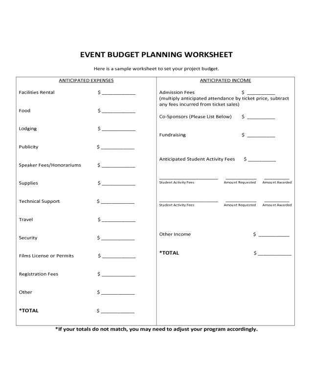 Event Budget Planning Worksheet