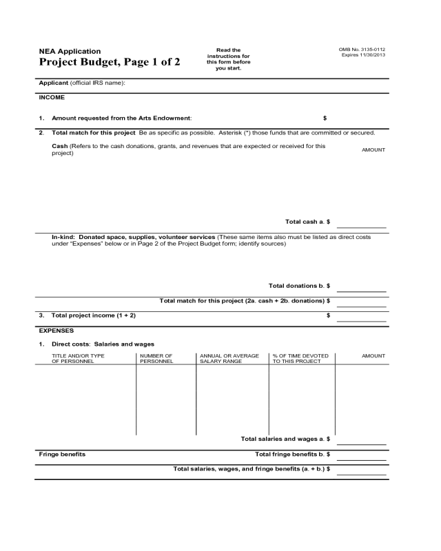 Project Budget Form - NEA Application