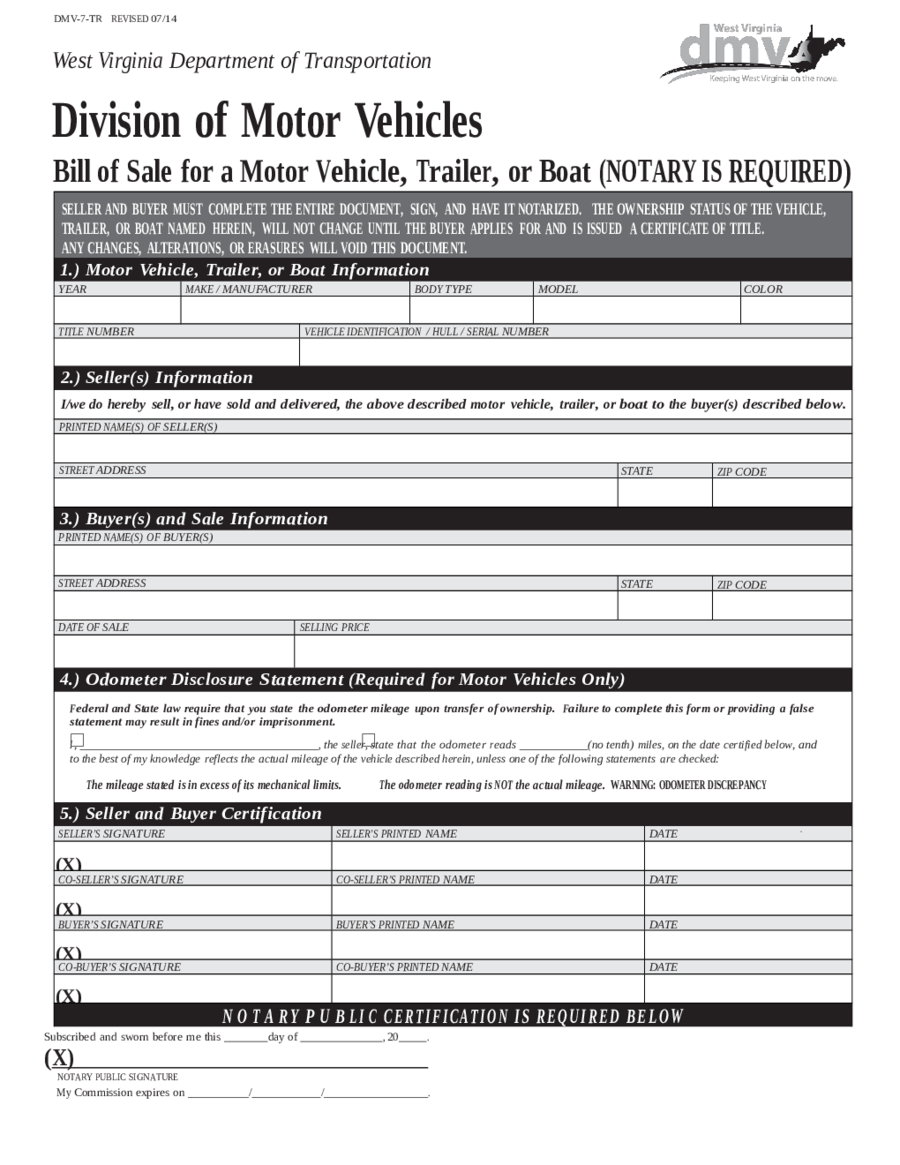 Bill Of Sale Dmv Form
