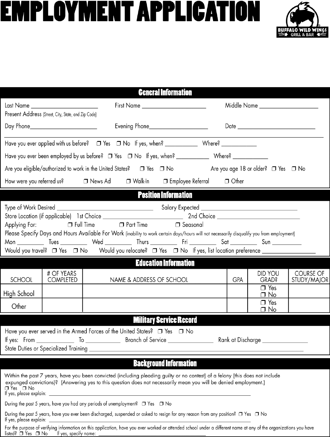 Buffalo Wild Wings Printable Application Form