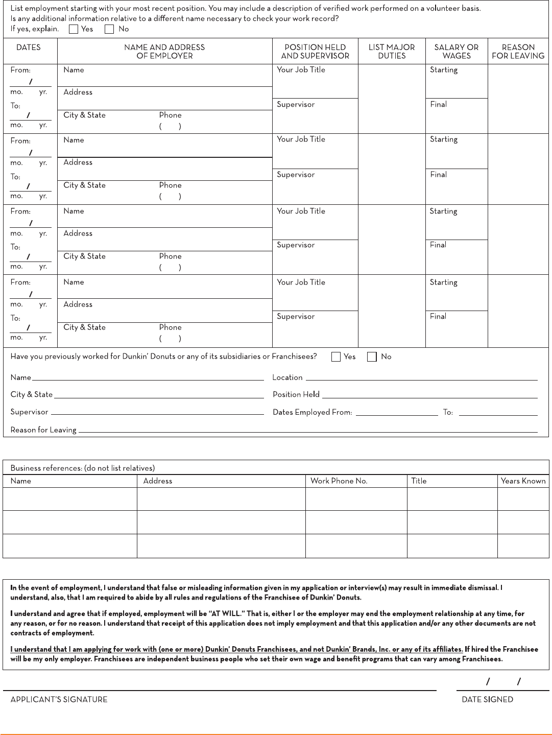 Dunkin Donuts Application Form Edit Fill Sign Online Handypdf