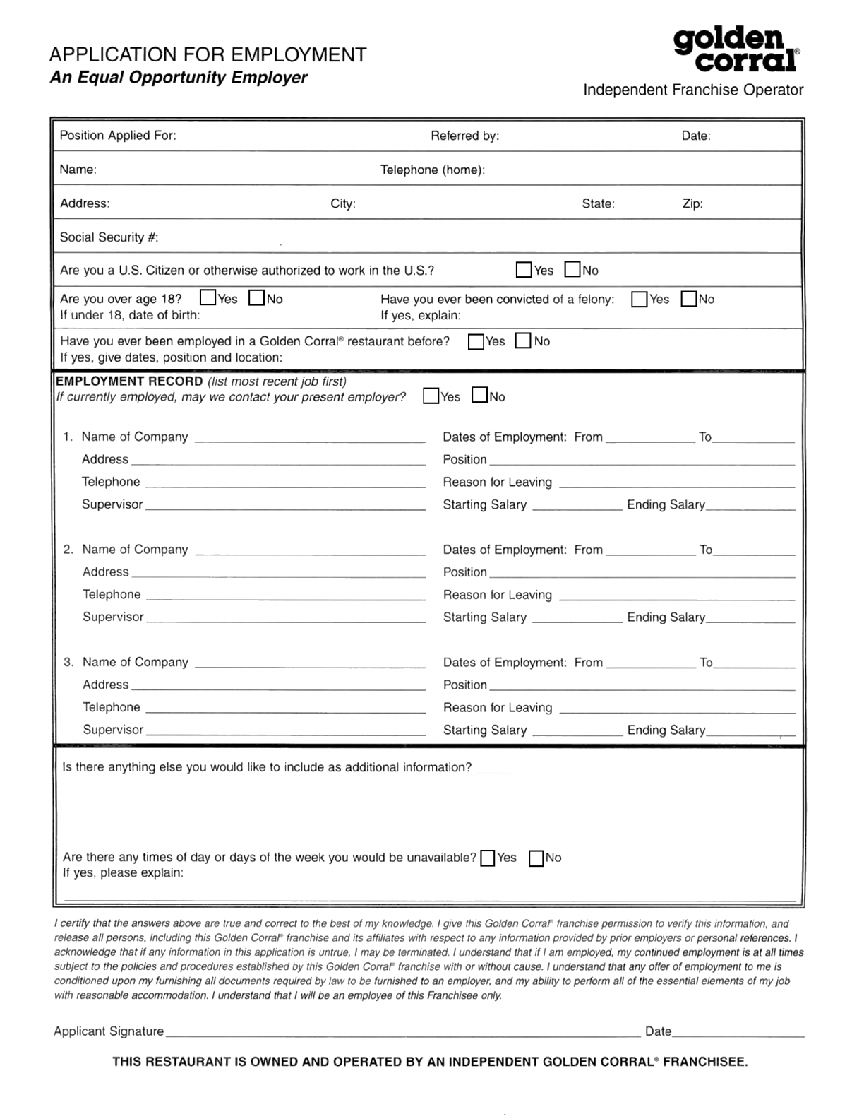 Golden Corral Application Form Edit Fill Sign Online Handypdf