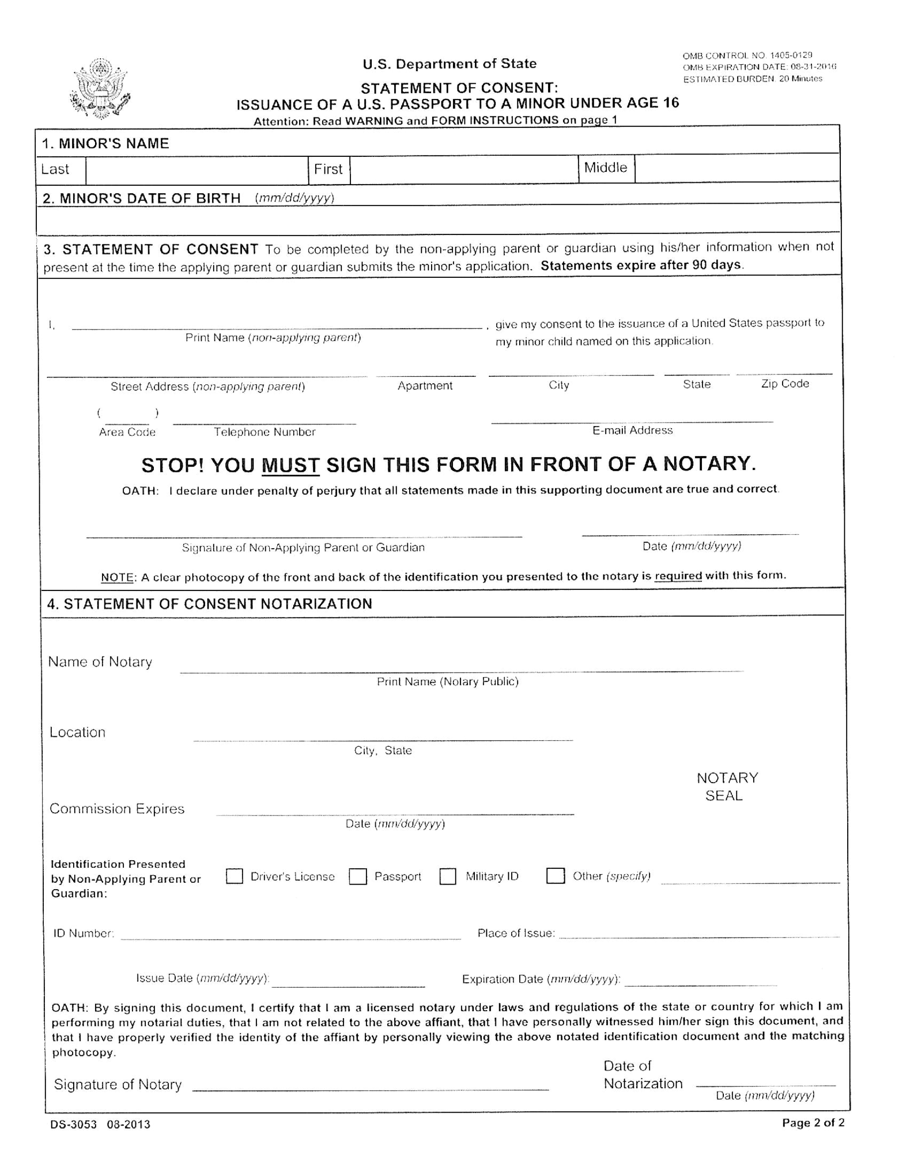 Statement Of Consent Issuance Of A Us Passport To A Minor Under Age