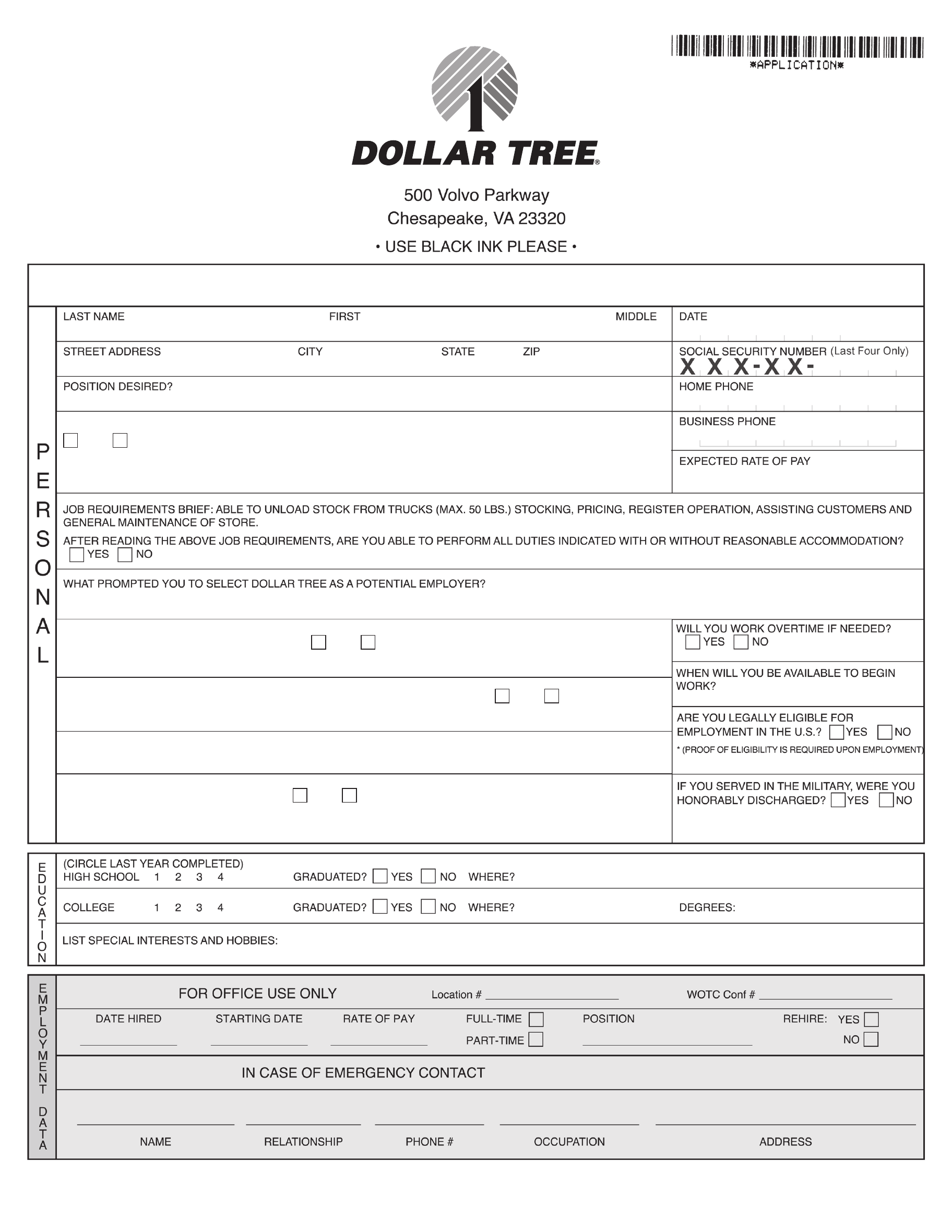 Family Dollar Application Printable