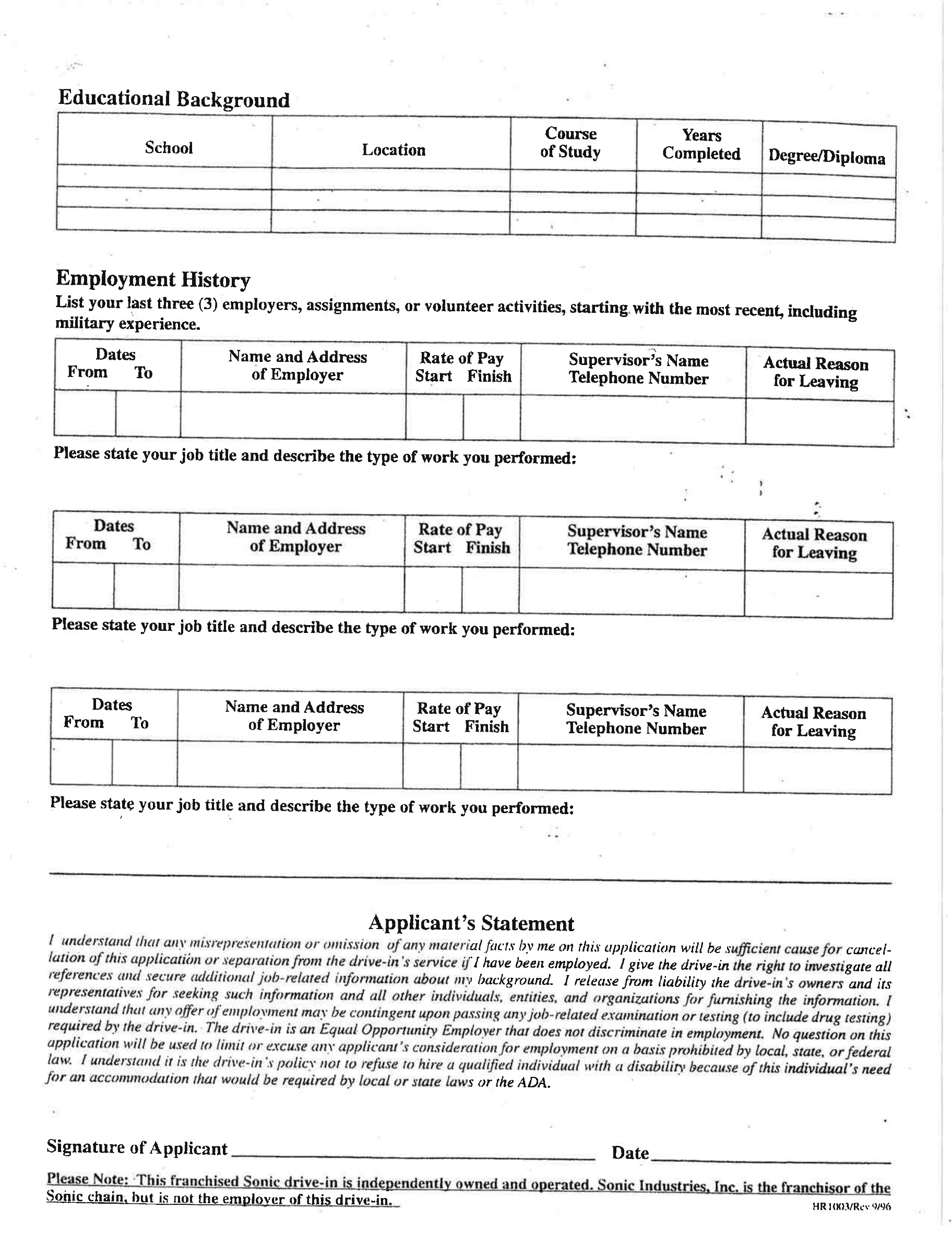 Sonic Drivein Job Application Form Edit, Fill, Sign