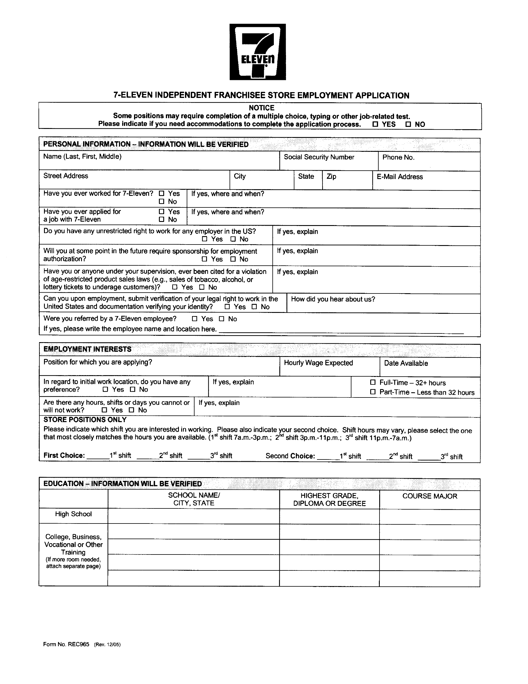 kmart application for job form Edit Application Form Employment 7 Standard Store  Eleven