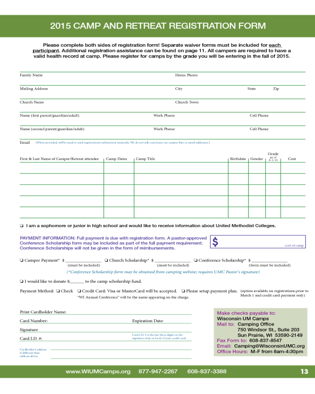 2015 Camp and Retreat Registration Form - Wisconsin United Methodist Camping