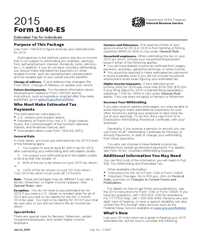 2015 Form 1040-ES Estimated Tax for Individual