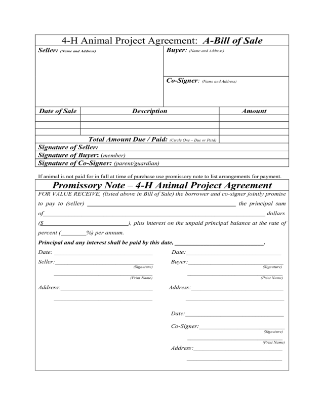 4-H Animal Project Agreement: A-Bill of Sale