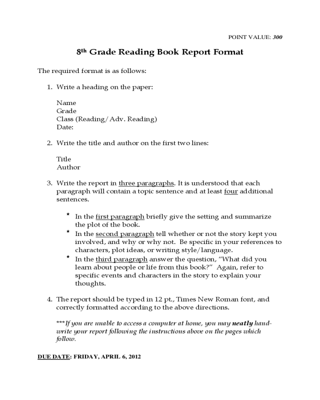 8th Grade Reading Book Report Template