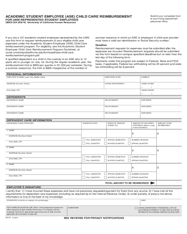 Academic Student Employee (ASE) Child Care Reimbursement Form - California