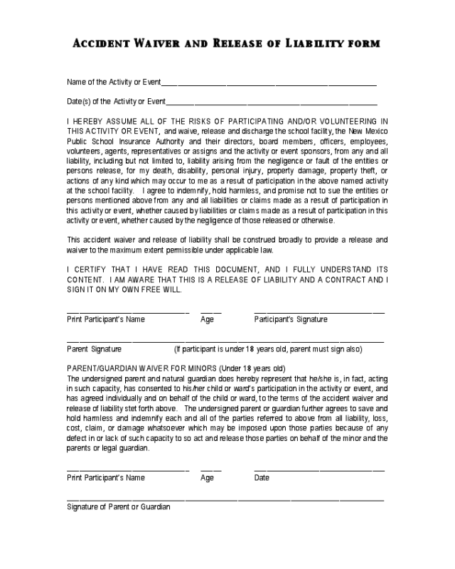 Accident Waiver And Release Of Liability Sample Form Edit Fill