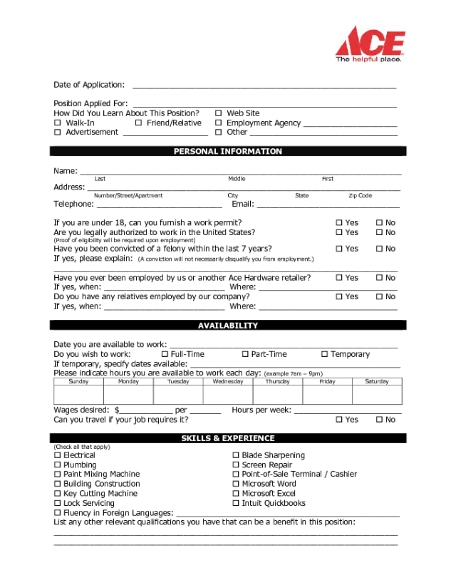 Ace Hardware Application Form