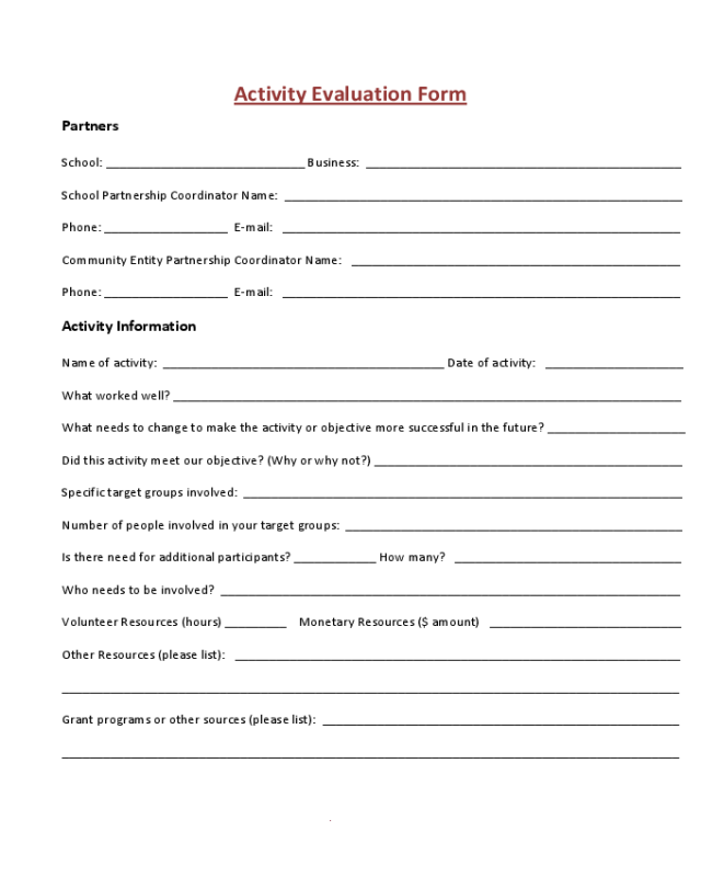 Activity Evaluation Form Sample