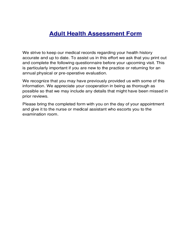Adult Health Assessment Form - Pennsylvania