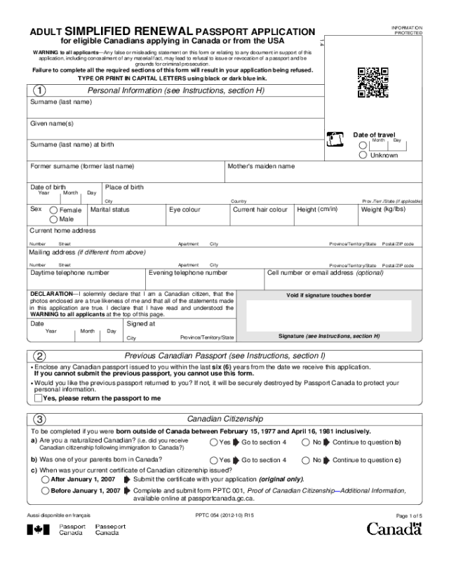Adult Renewal Passport Application for Eligible Canadians