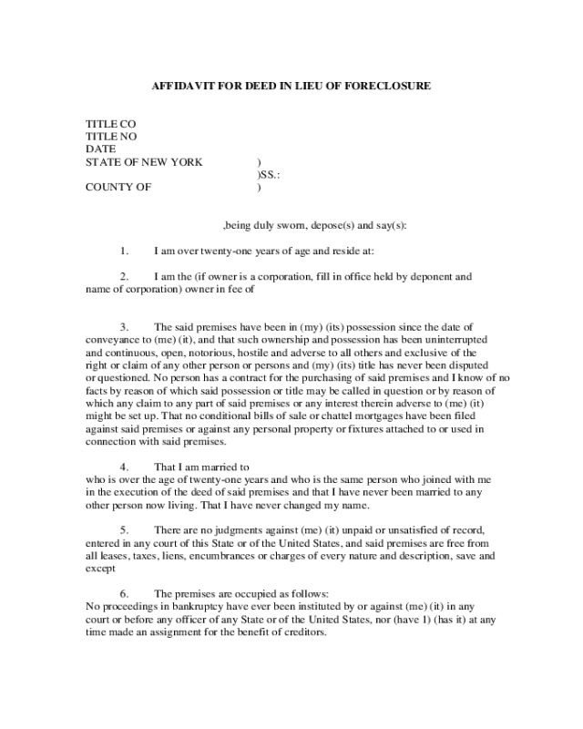 Affidavit for Deed in Lieu of Foreclosure - New York