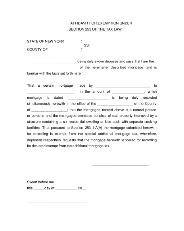 Affidavit for Exemption Under Section 253 of the Tax Law
