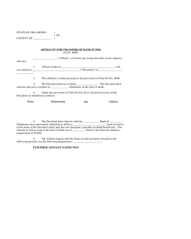 Affidavit for Transfer of Bank Funds - Oklahoma