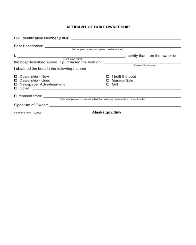 Affidavit of Boat Ownership - Alaska