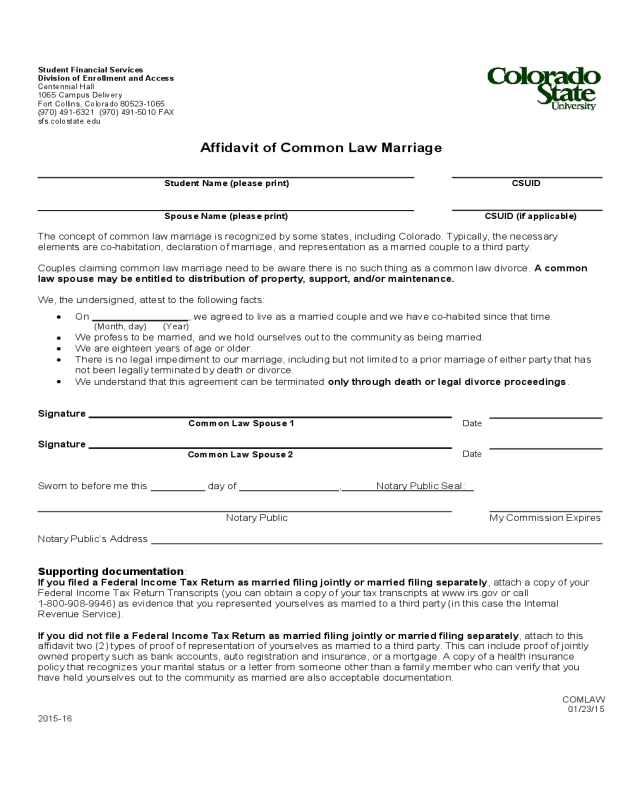 Affidavit of Common Law Marriage - Colorado State University