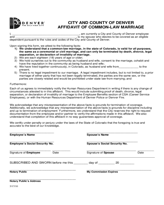 Affidavit of Common Law Marriage - Denver