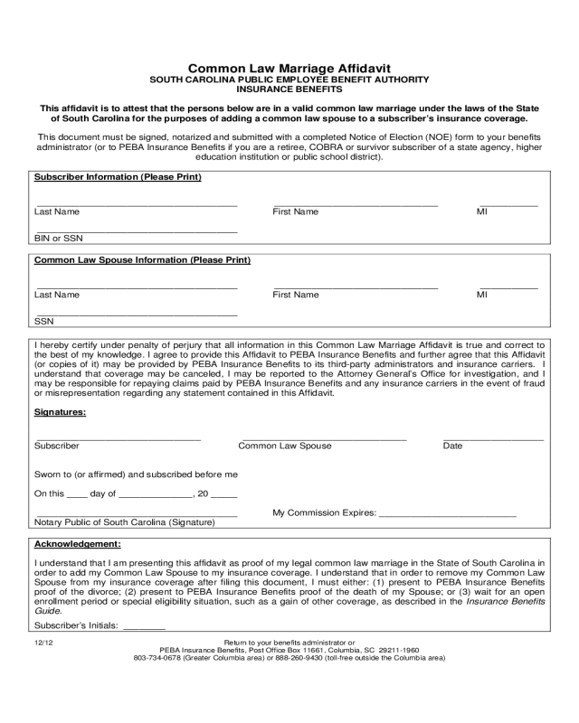 Affidavit of Common Law Marriage Form - South Carolina
