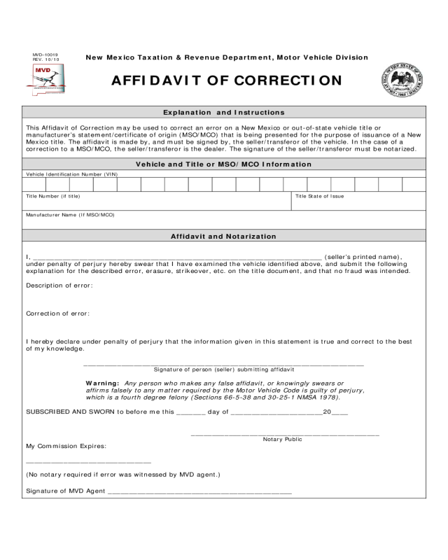 Affidavit of Correction Form - New Mexico