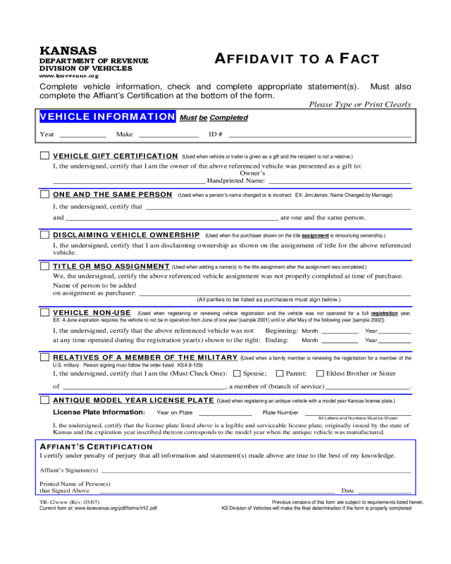 Affidavit of Fact Form - Kansas