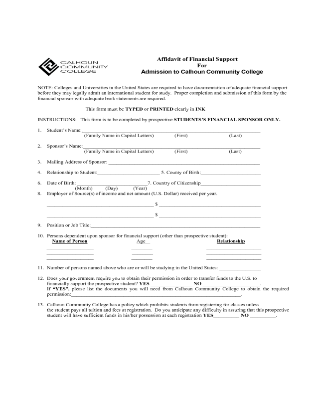 Affidavit of Financial Support - Calhoun Community College