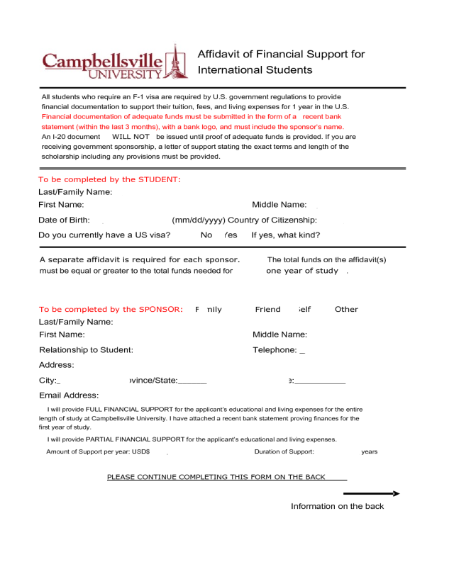 Affidavit of Financial Support for International Students - Campbellsville University