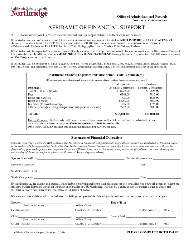 Affidavit of Financial Support Form - California