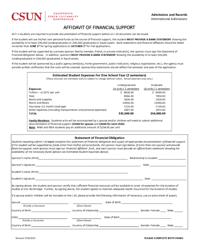 Affidavit of Financial Support Form - California State University, Northridge