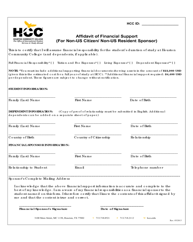 Affidavit of Financial Support Form - Houston Community College System