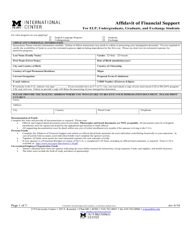 Affidavit of Financial Support Form - Michigan