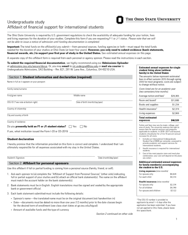Affidavit of Financial Support Form - The Ohio State University
