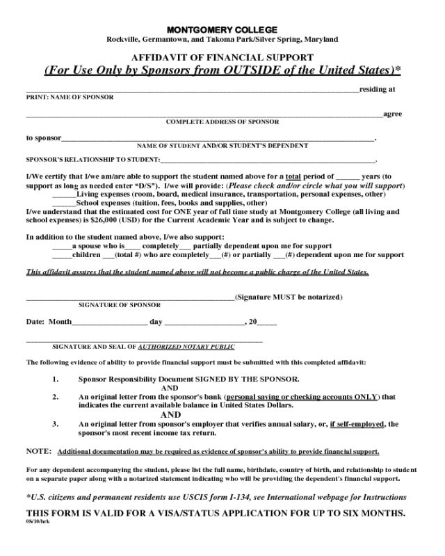 Affidavit of Financial Support - Maryland