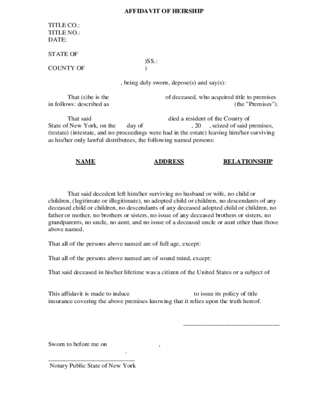 Affidavit of Heirship - New York