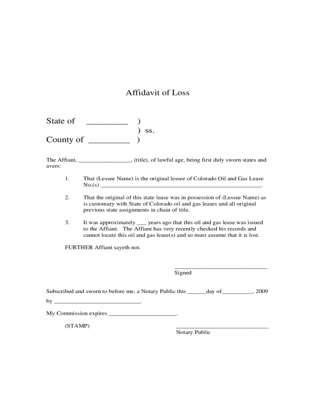 Affidavit of Loss - Colorado