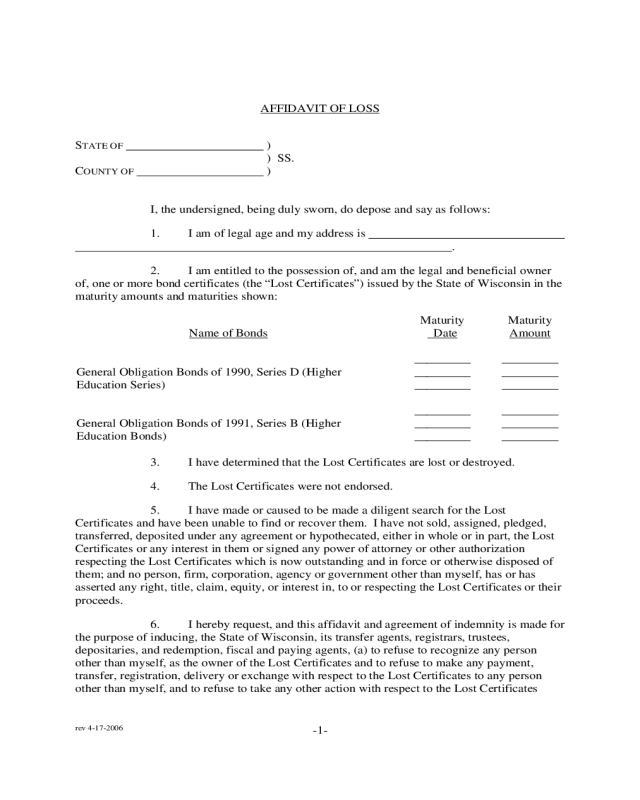 Affidavit of Loss - Department of Administration