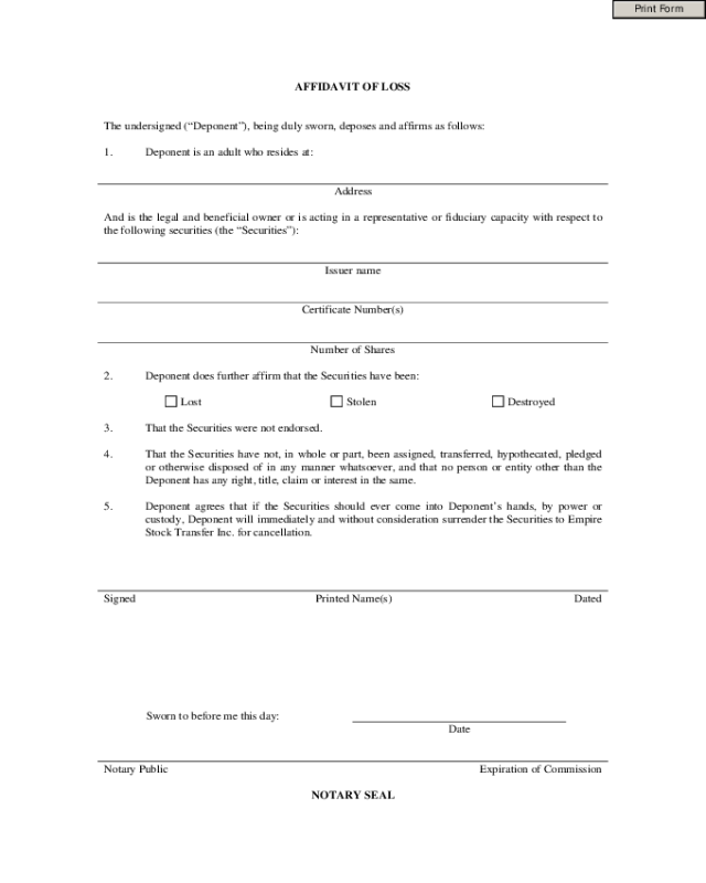 Affidavit of Loss Form - Empire Stock Transfer