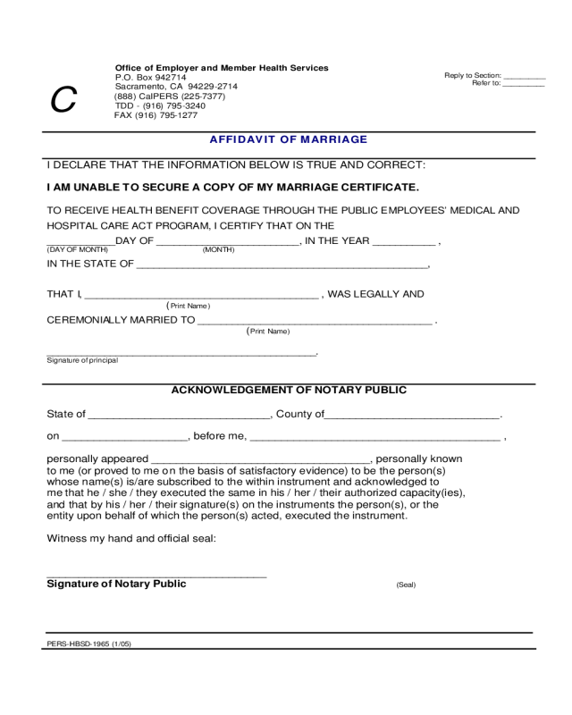 Affidavit of Marriage - California