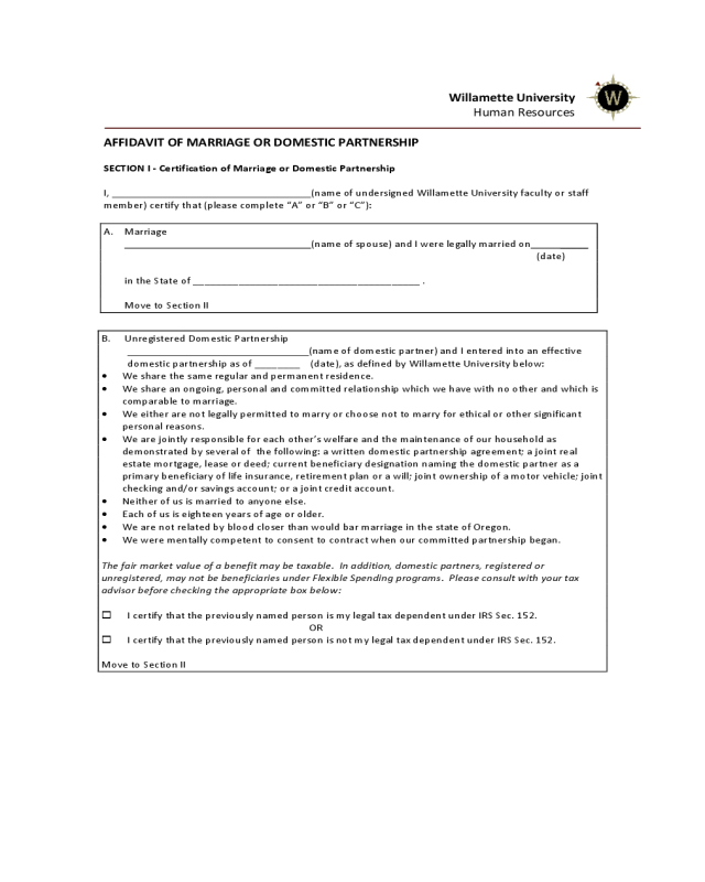 Affidavit of Marriiage or Domestic Partnership - Willamette University