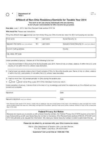 Affidavit of Non-Ohio Residency/Domicile for Taxable Year 2014 - Edit ...