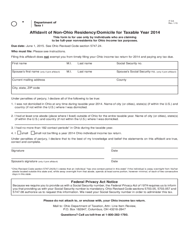 Affidavit of Non-Ohio Residency/Domicile for Taxable Year 2014