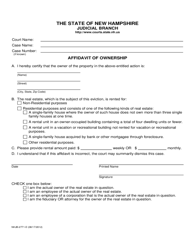 Affidavit of Ownership Form - New Hampshire