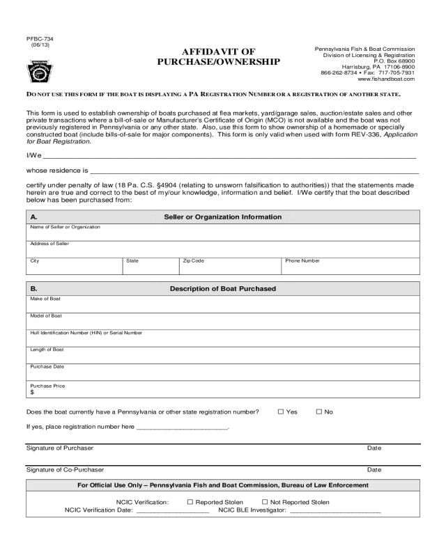 Affidavit of Ownership Form - Pennsylvania