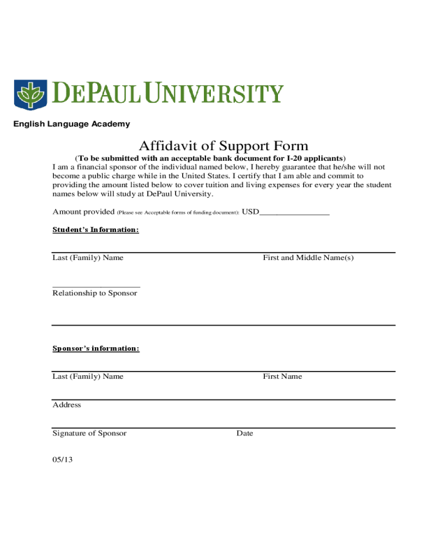 Affidavit of Support Form - DePaul University